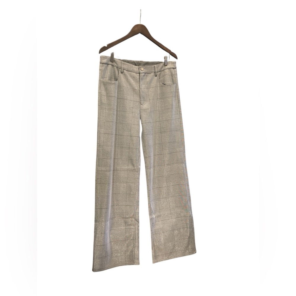Noli Large Silver gray Plaid Shiny Straight Leg Pants